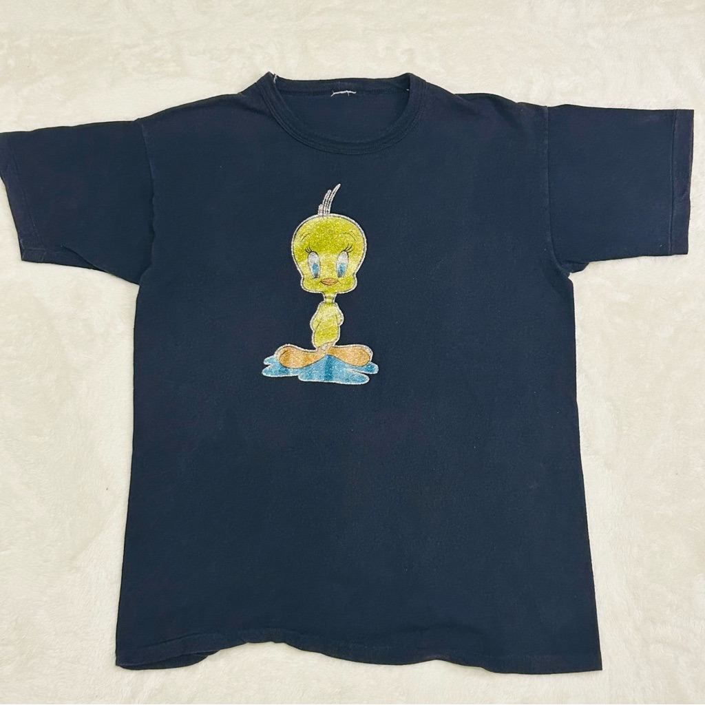 Vintage 80s Tweety Bird Looney Glitter Heat Transfer Graphic Tee Womens Cut Tag